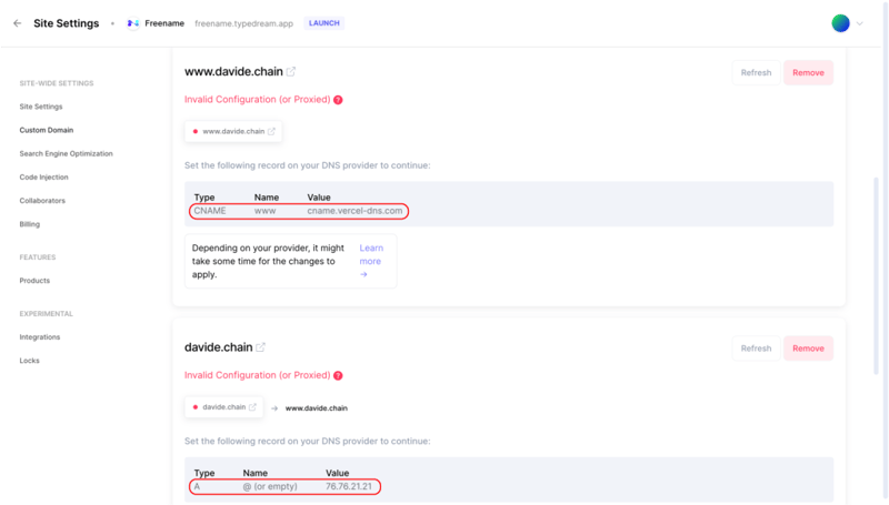 How to connect Freename Domain Typedream